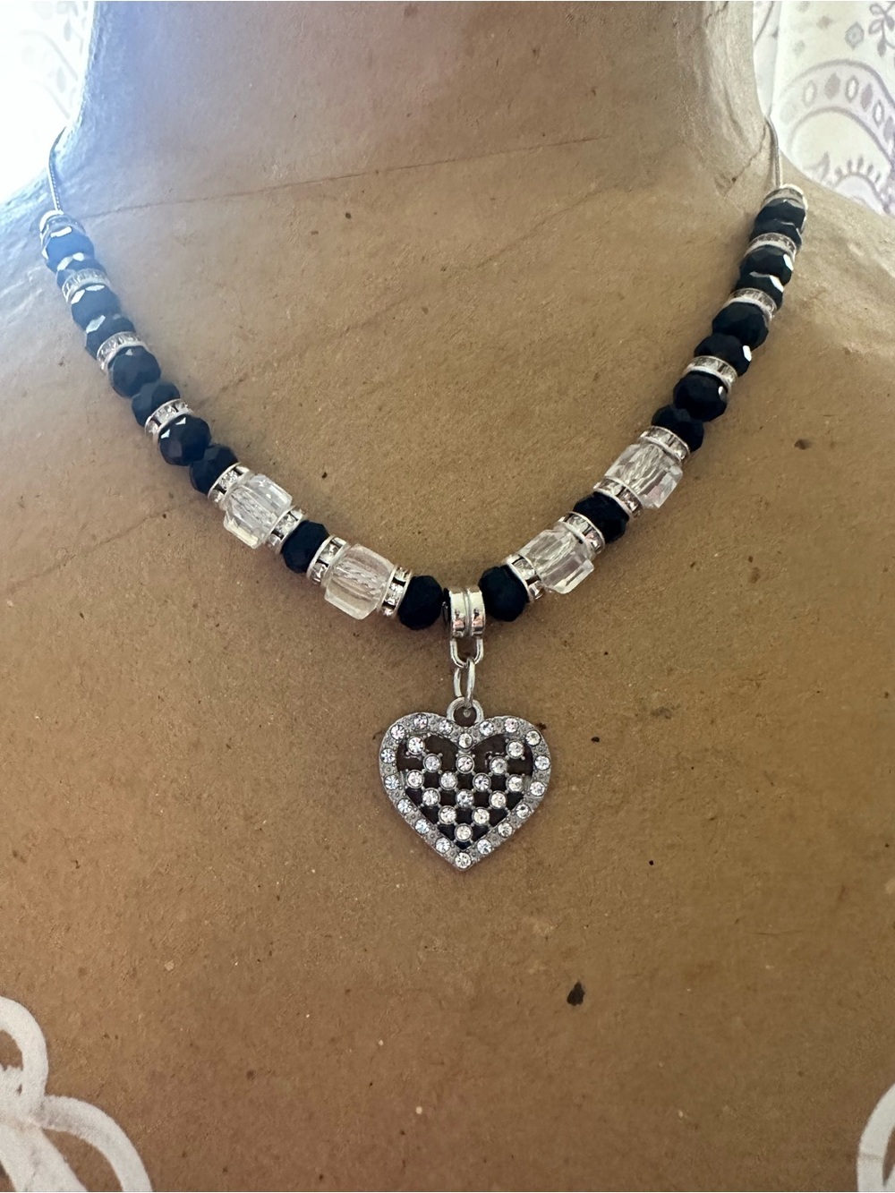 Rhinestone Heart Pendant Beaded Necklace - Black & Clear